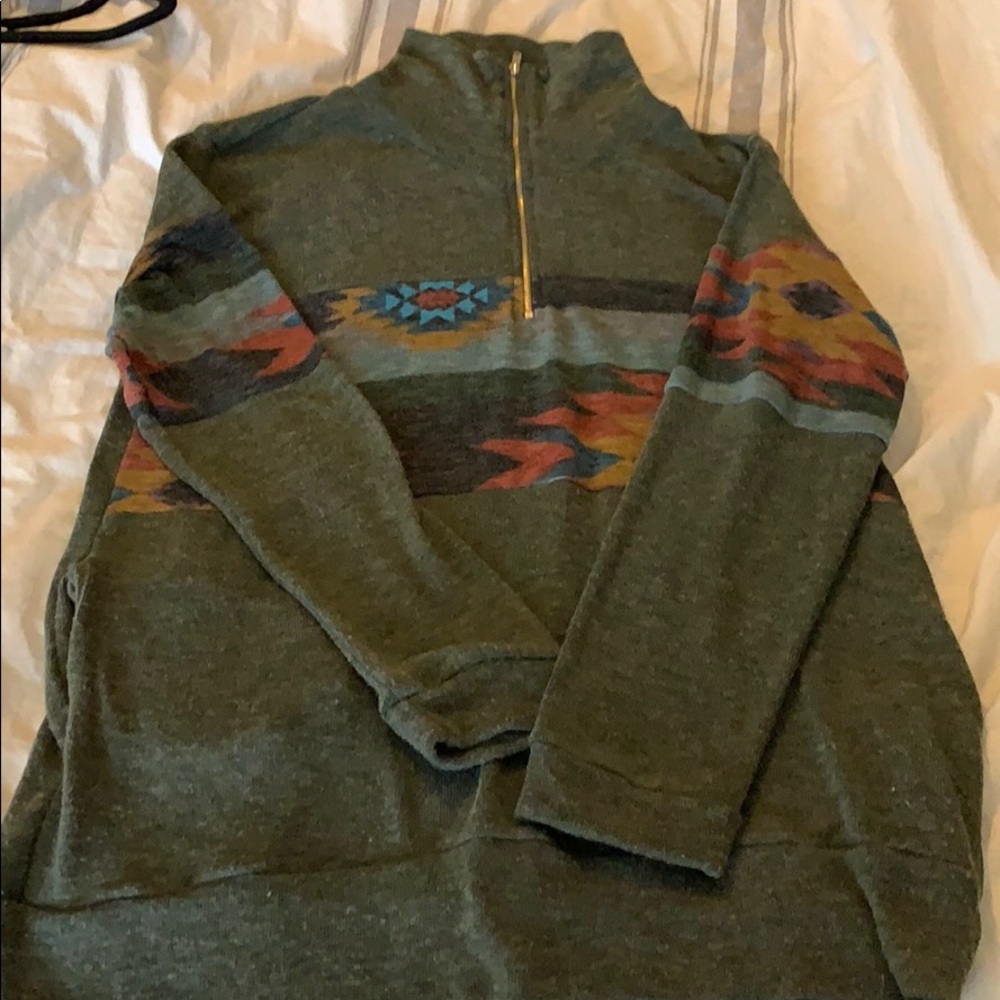 Olive green sweater with Aztec print trim